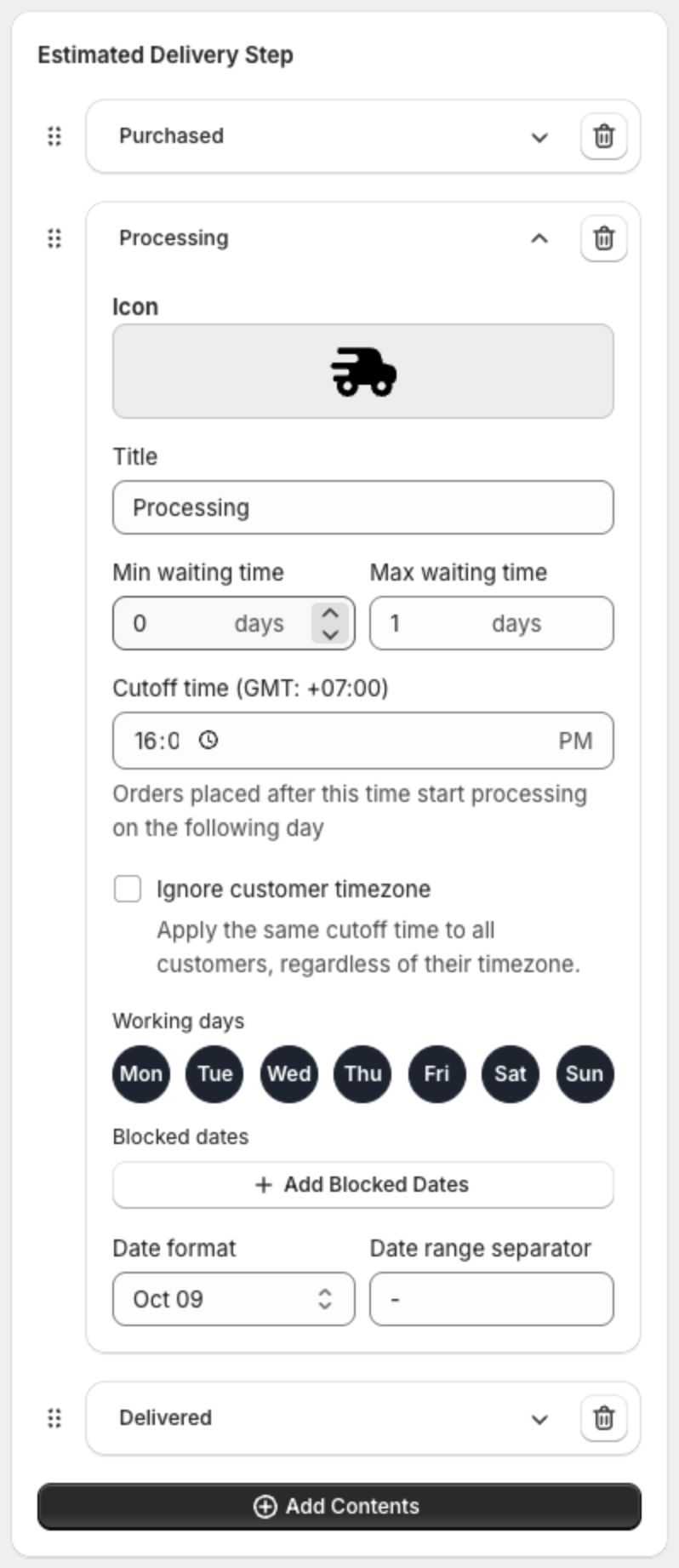 The Processing step with waiting times, cutoff time, working days and blocked dates