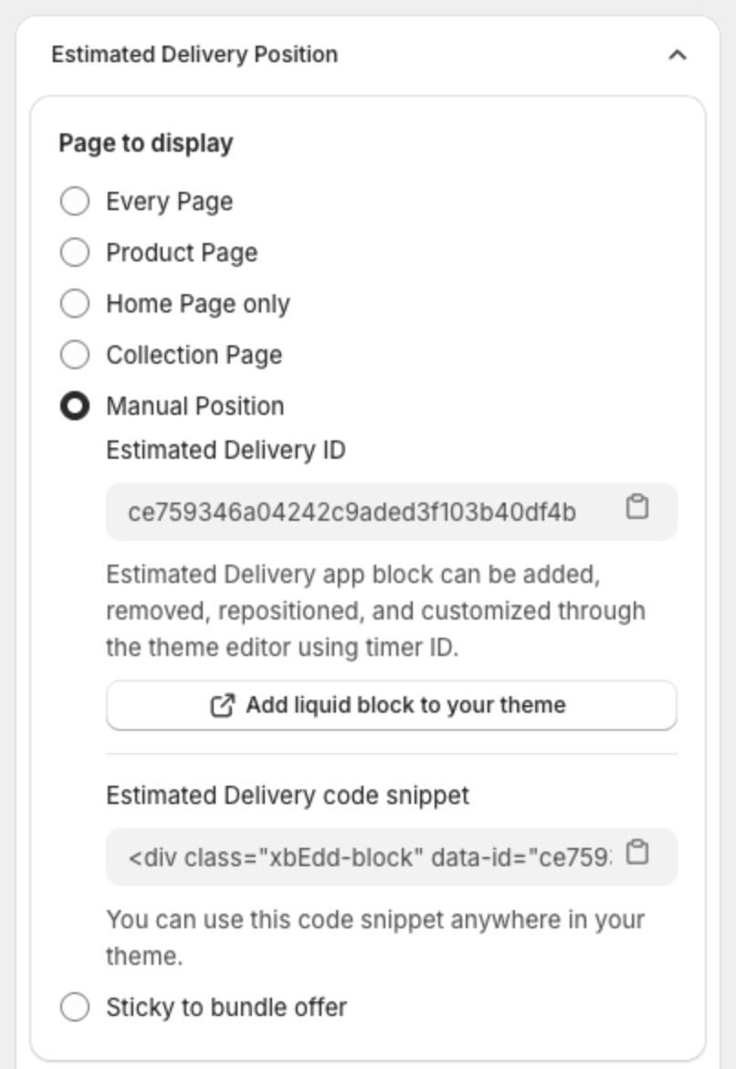 Manual Position selected with the ID, the Add liquid block to your theme button and the code snippet