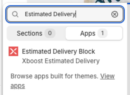 Theme editor Add section panel, Apps tab, with Estimated Delivery Block from Xboost Estimated Delivery