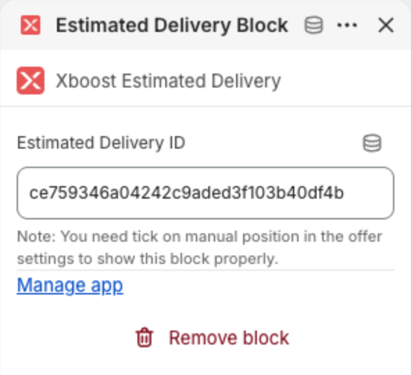 Estimated Delivery Block settings with the estimate ID in Estimated Delivery ID