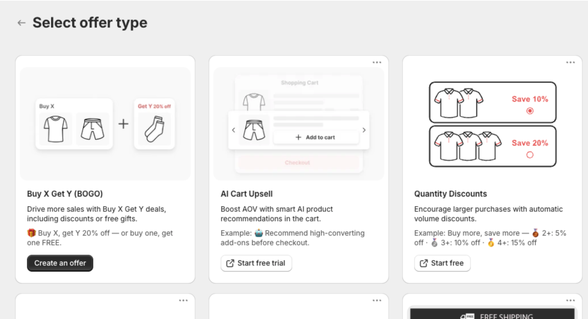 Select offer type page with the Buy X Get Y (BOGO) card