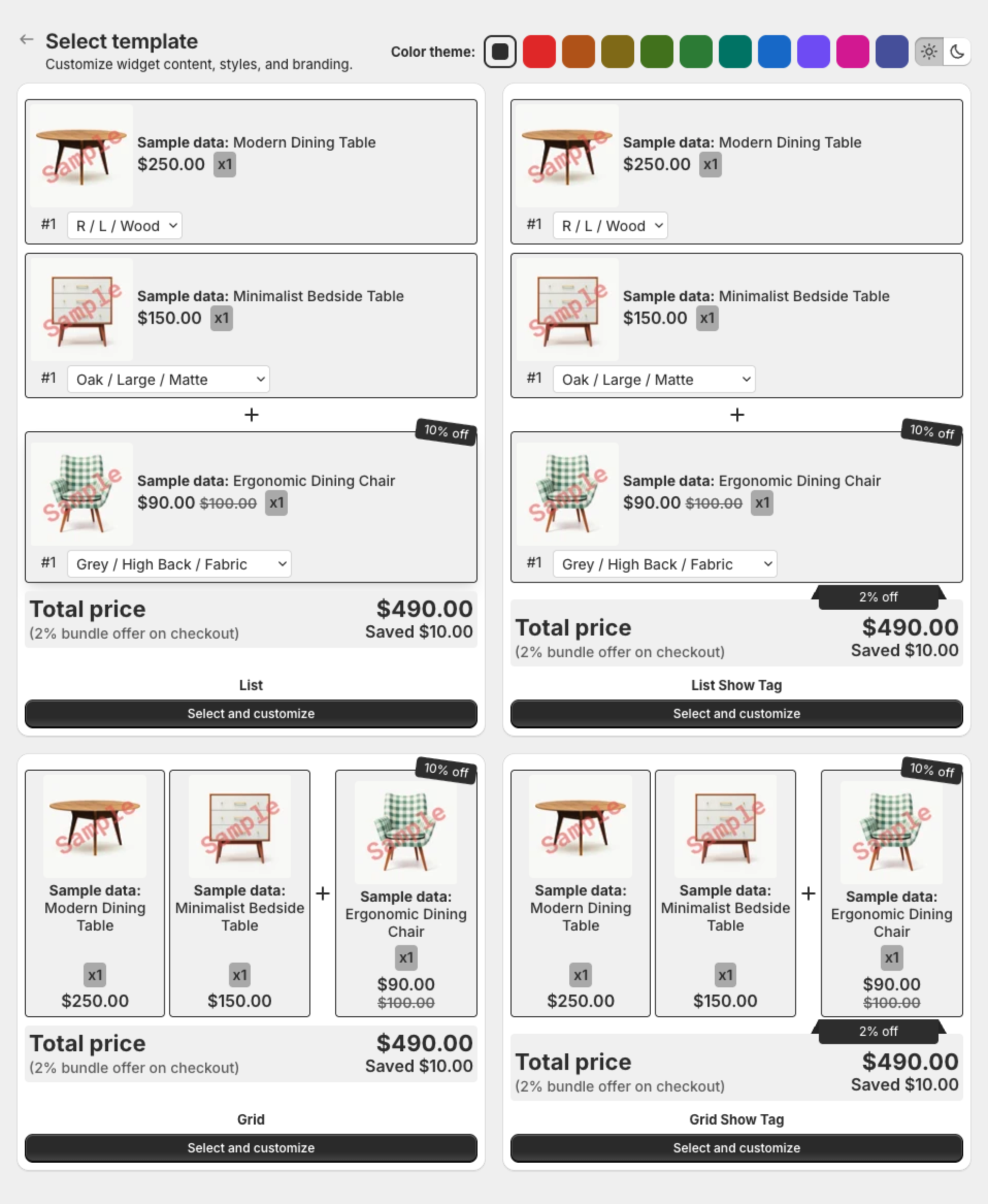 Select template page with the List, List Show Tag, Grid and Grid Show Tag templates