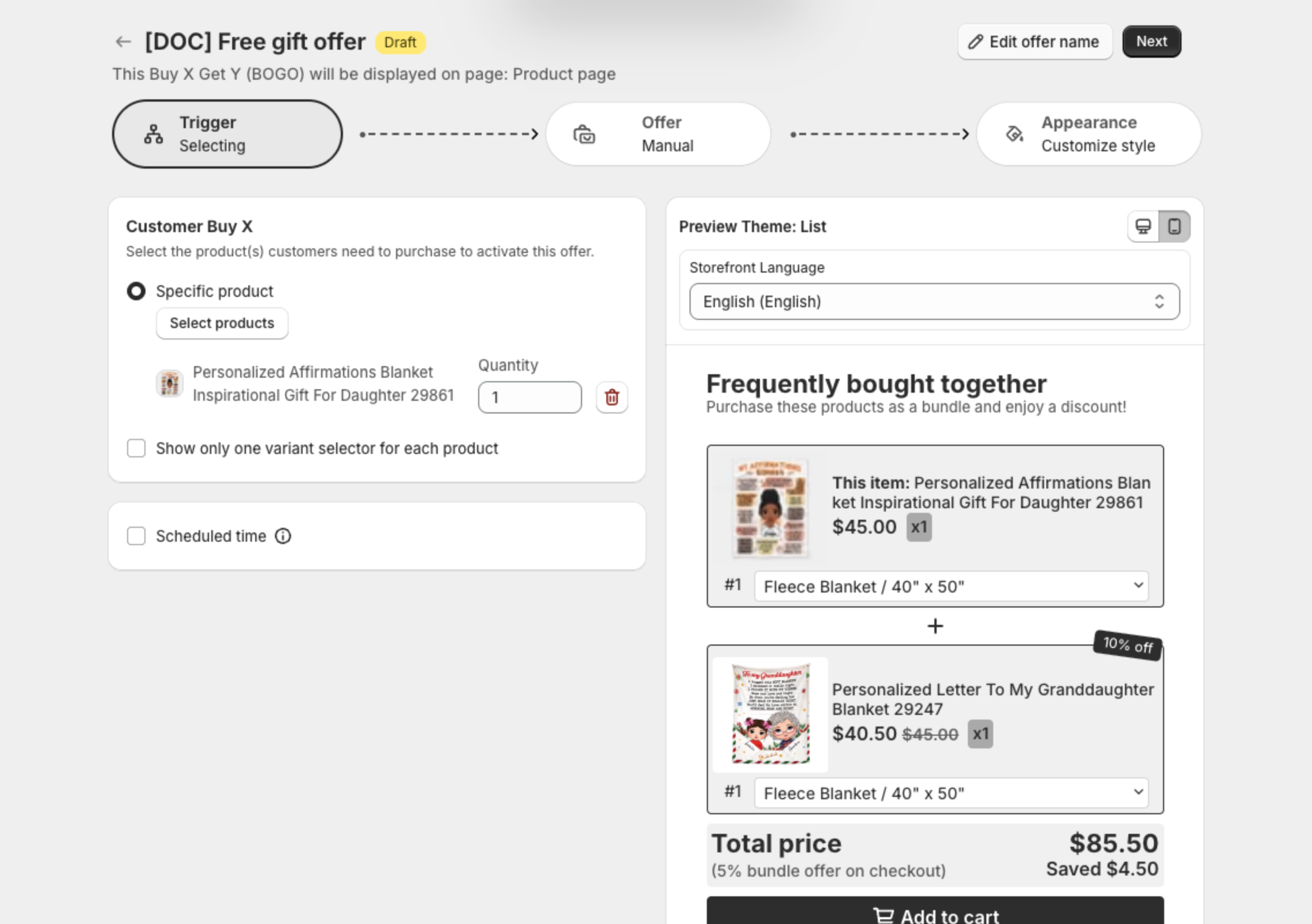 Trigger step with Customer Buy X and the selected product