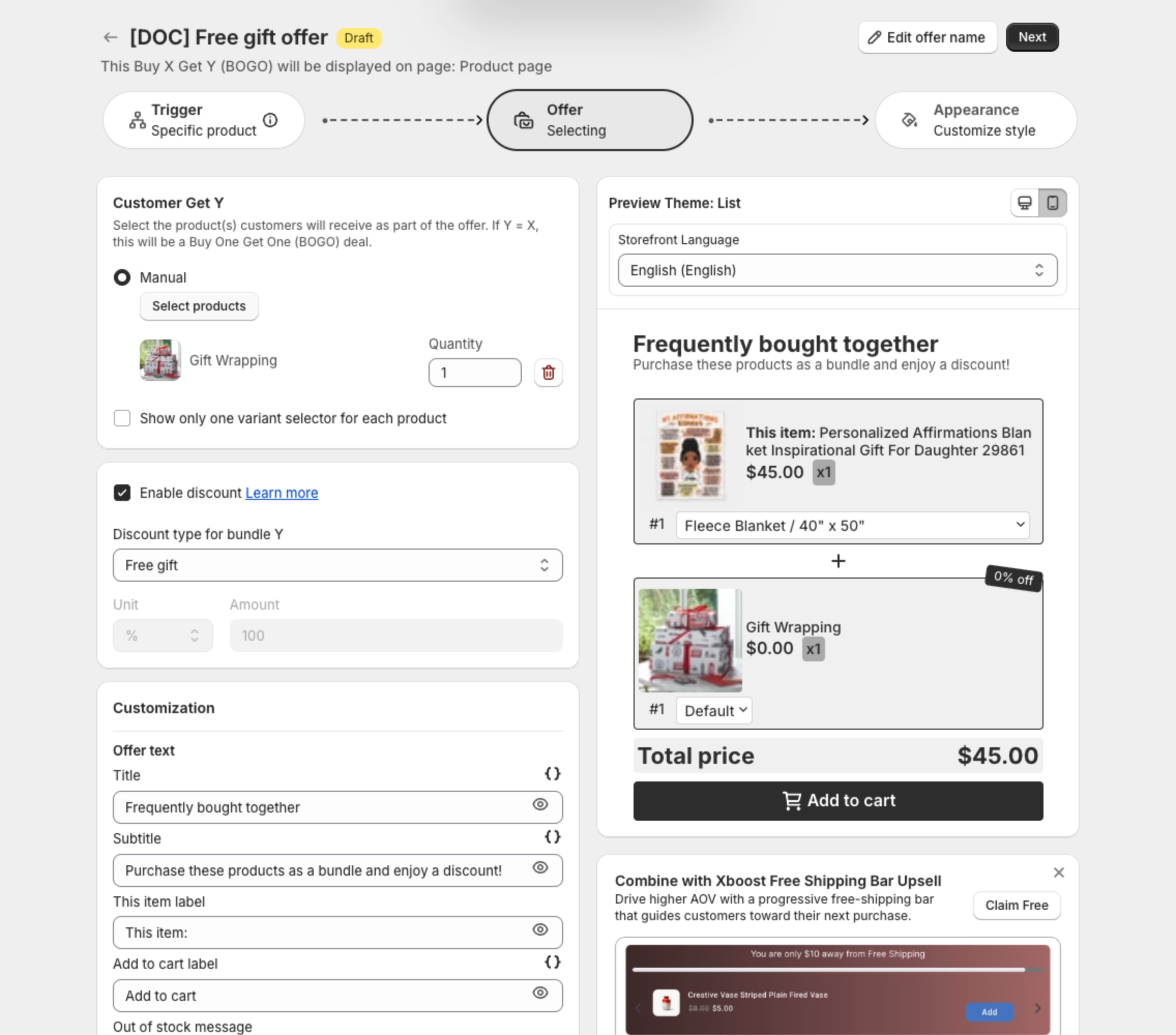 Offer step with Customer Get Y, the discount type and the texts