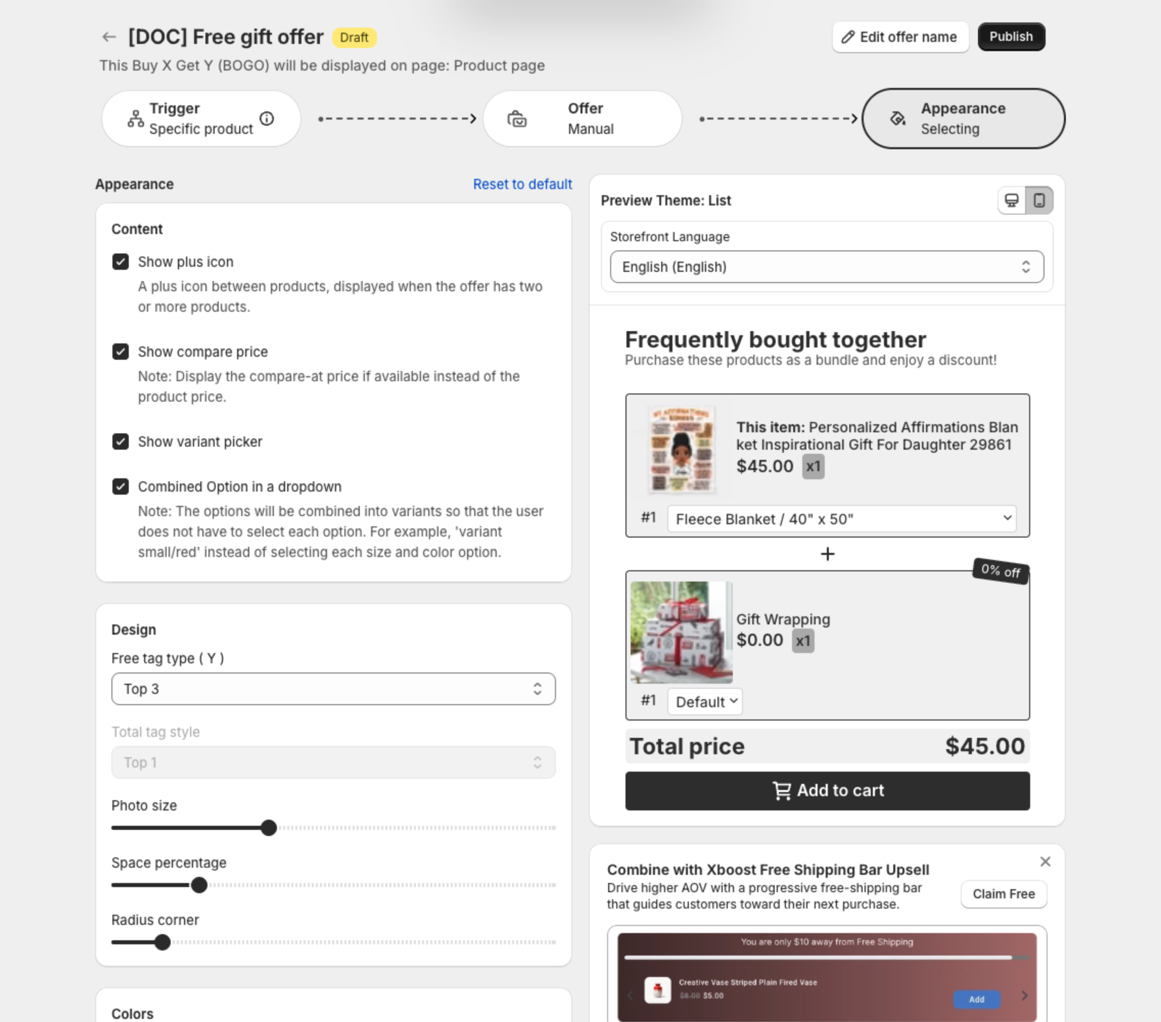 Appearance step with the content options and the preview