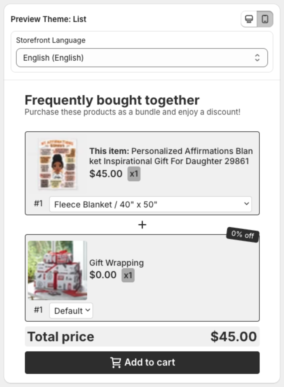 Offer preview: Frequently bought together with the blanket and Gift Wrapping, total price and Add to cart