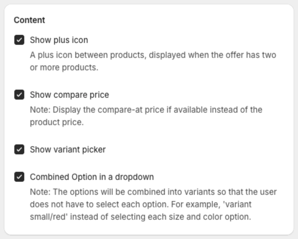 Content options: Show plus icon, Show compare price, Show variant picker and Combined Option in a dropdown