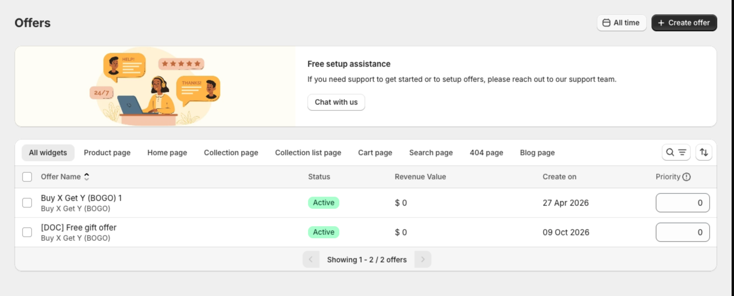 Offers page with the list of offers
