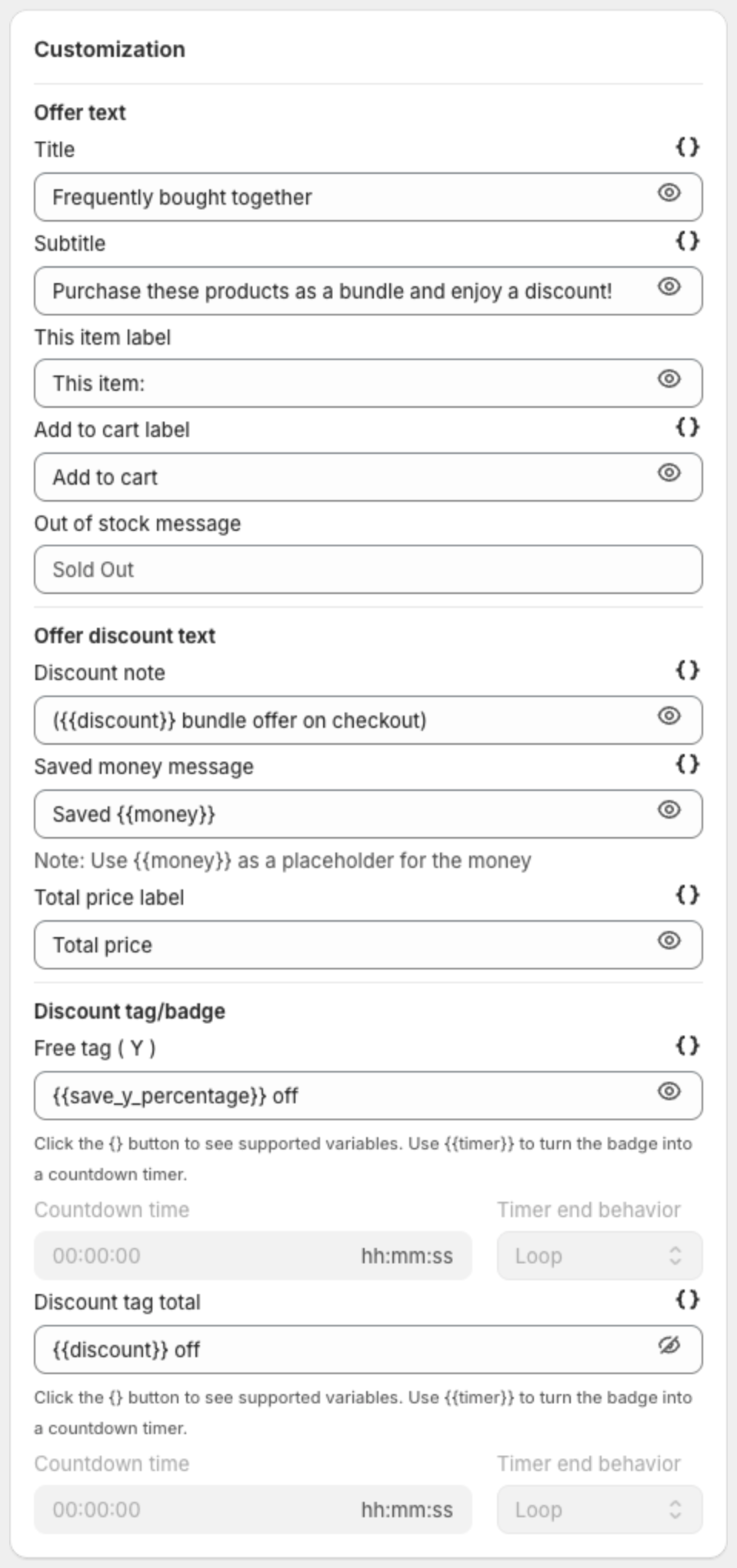 Customization with the offer texts, discount texts and badges