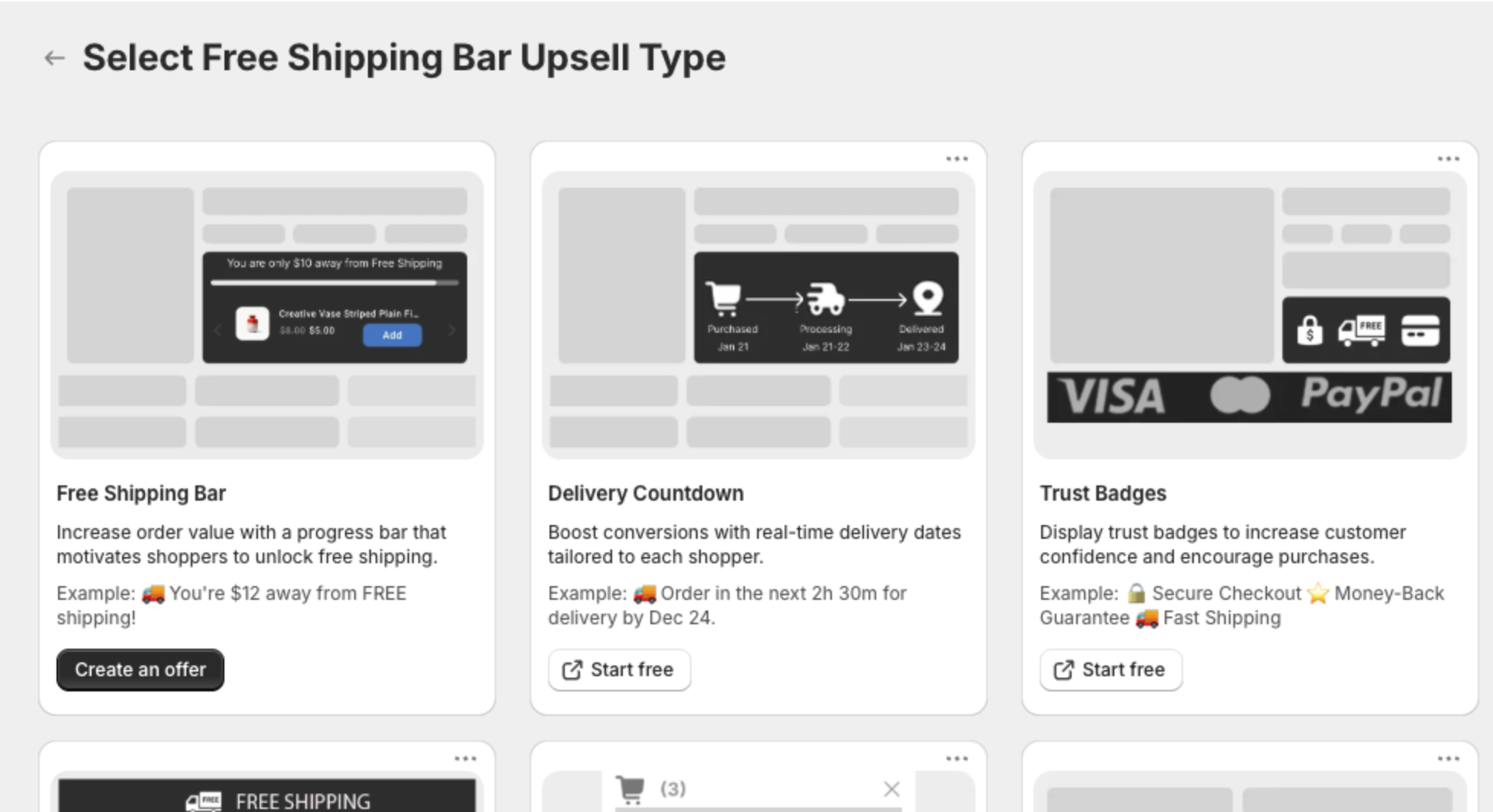 Select Free Shipping Bar Upsell Type page with the Free Shipping Bar card