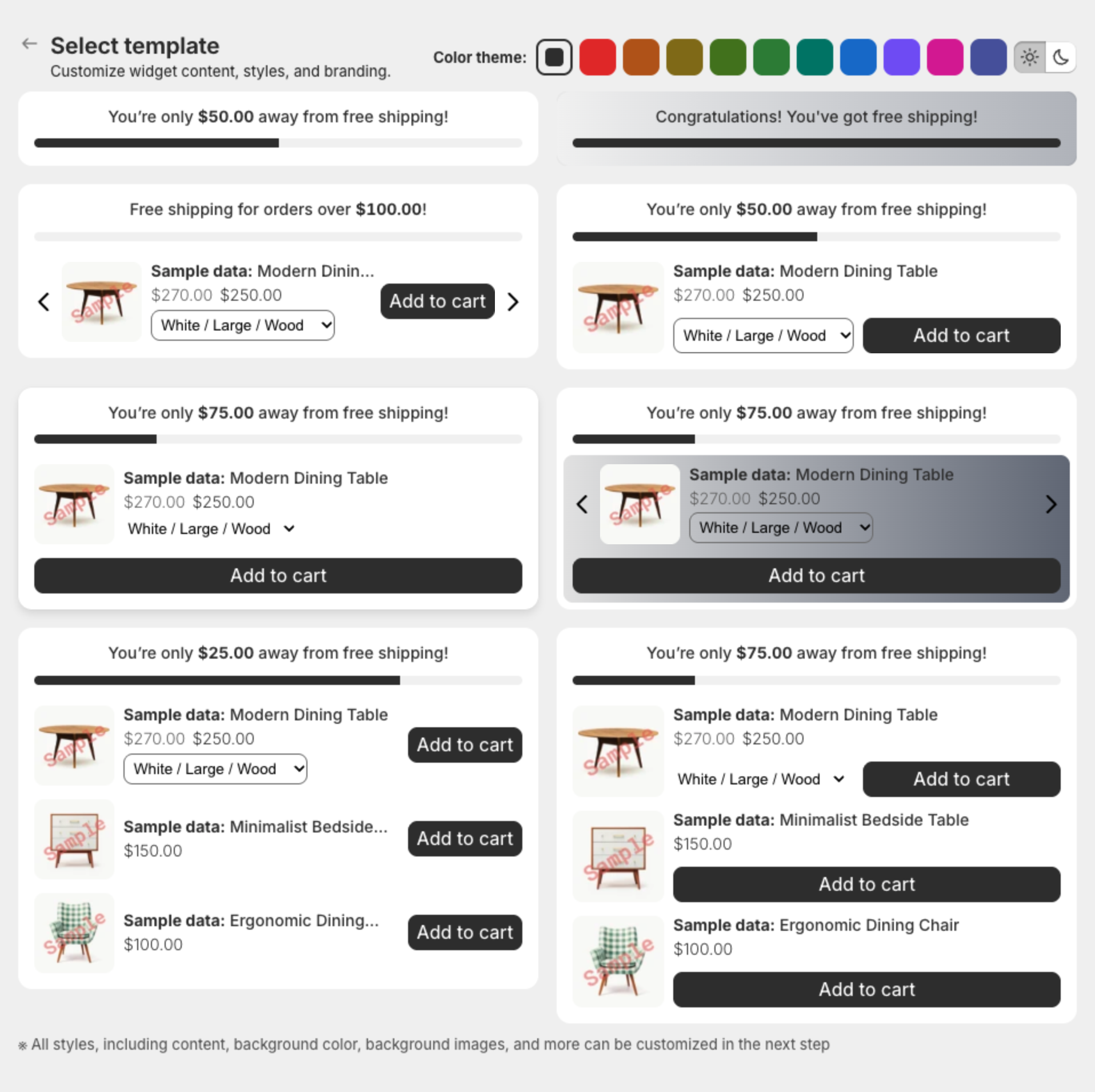 Select template page with eight free shipping bar templates