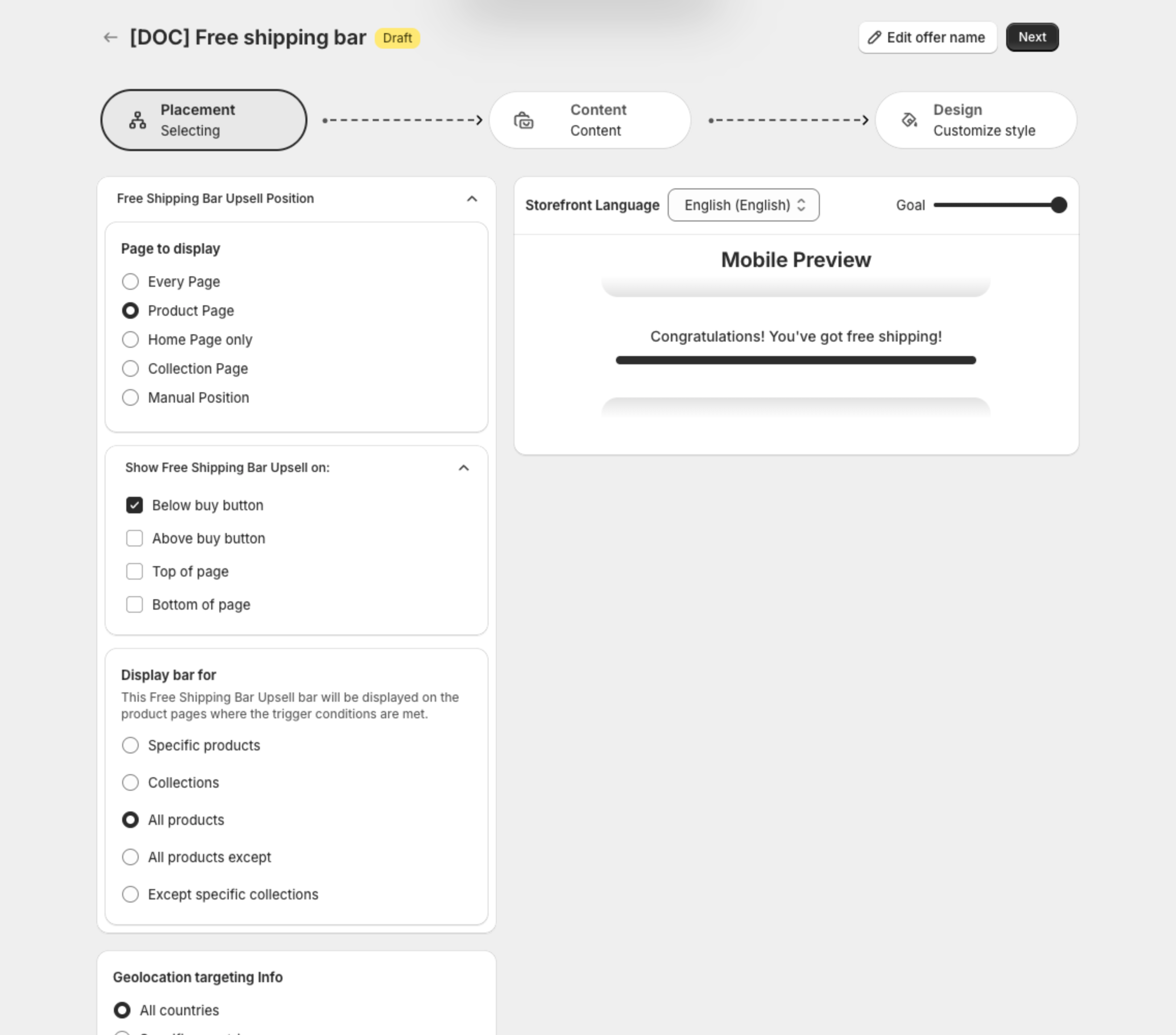 Editor on the Placement step with Product Page and Below buy button selected