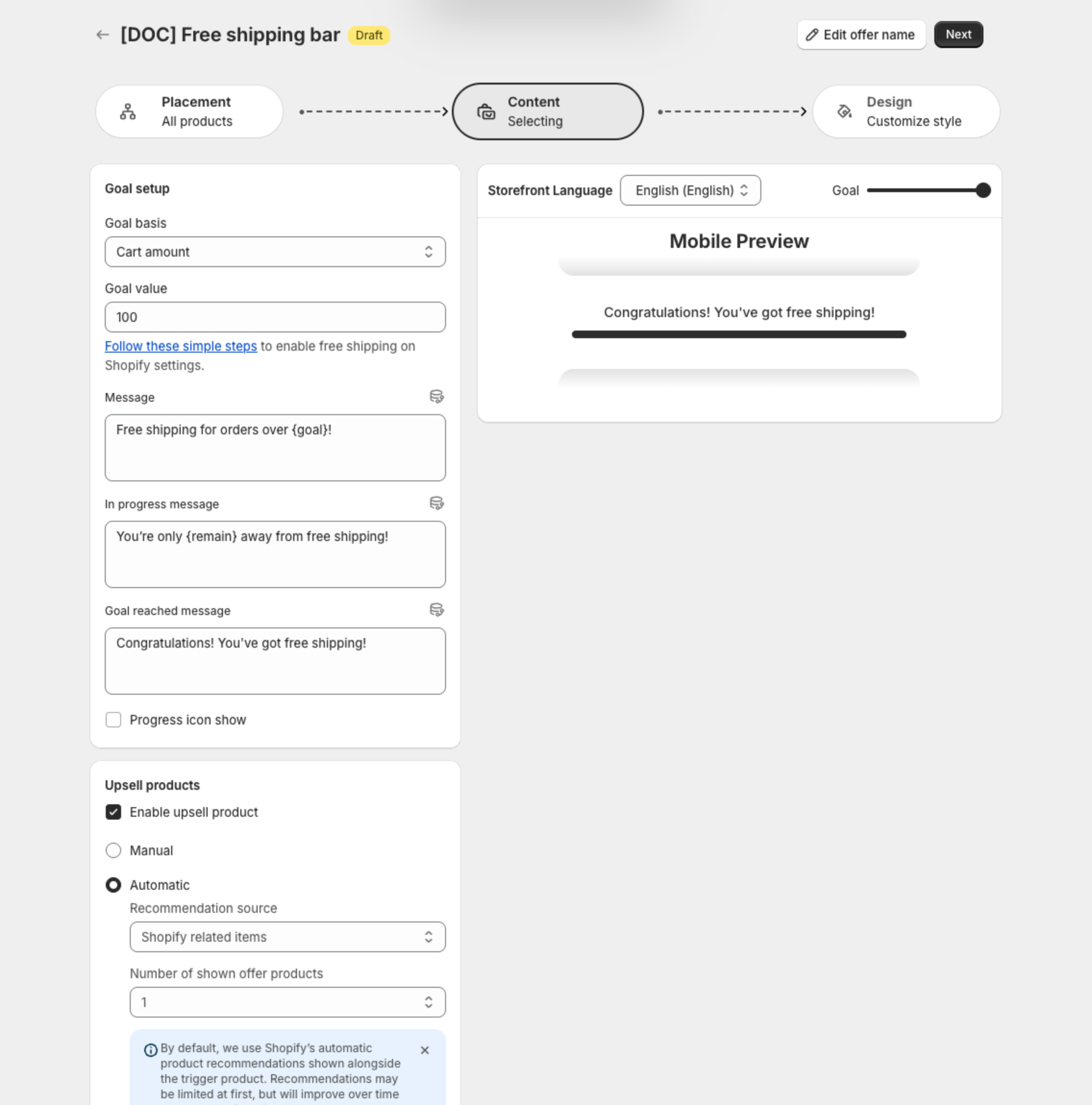 Content step with Goal setup, messages and Upsell products