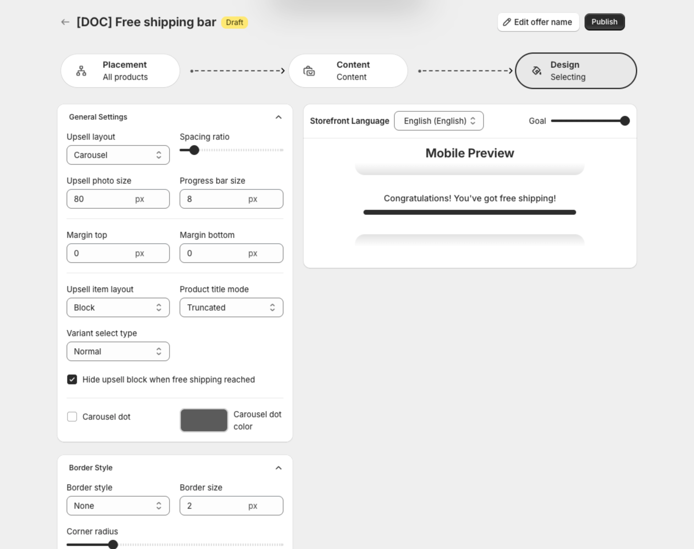 Design step with General Settings and the preview