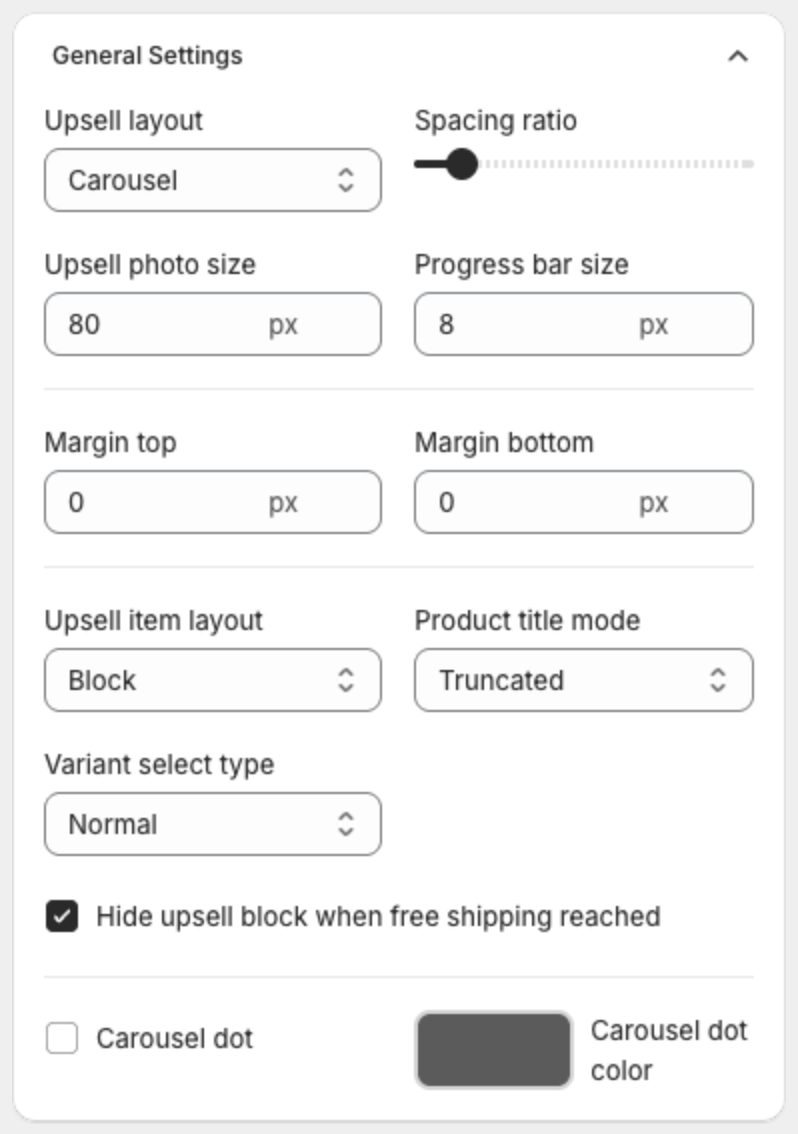 General Settings with Spacing ratio, Progress bar size and margins