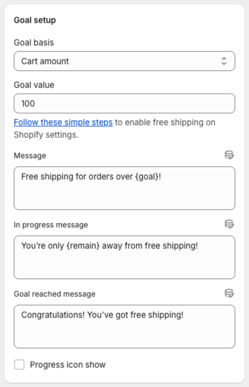 Goal setup with Goal basis, Goal value and the three messages
