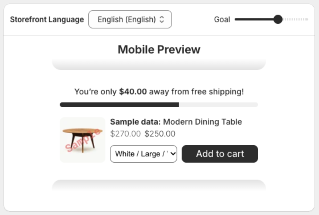 Preview at 60%: You're only $40.00 away from free shipping!