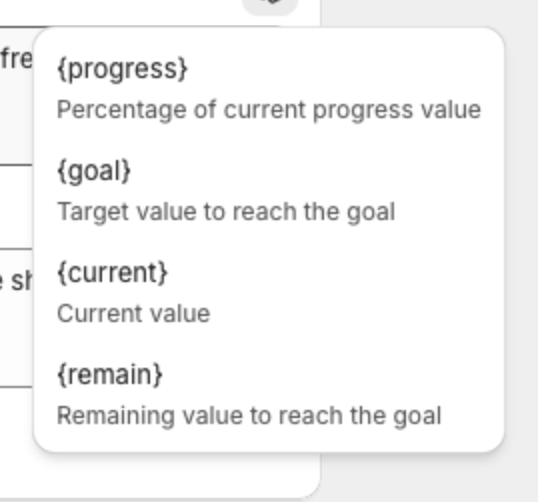Variable list with progress, goal, current and remain
