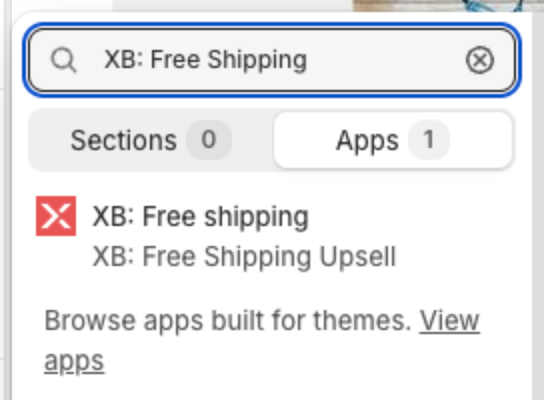Theme editor Add section panel, Apps tab, with XB: Free shipping from XB: Free Shipping Upsell