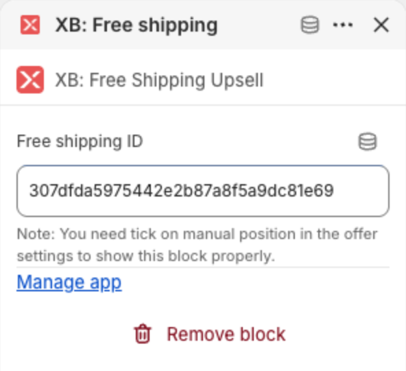 XB: Free shipping block settings with the bar ID in Free shipping ID