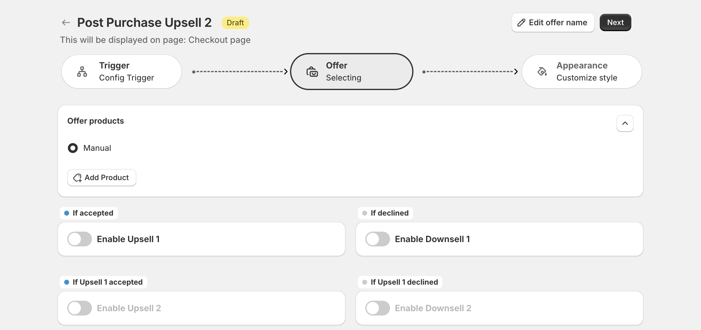 Offer step with Offer products and the switches Enable Upsell 1, Enable Downsell 1, Enable Upsell 2 and Enable Downsell 2