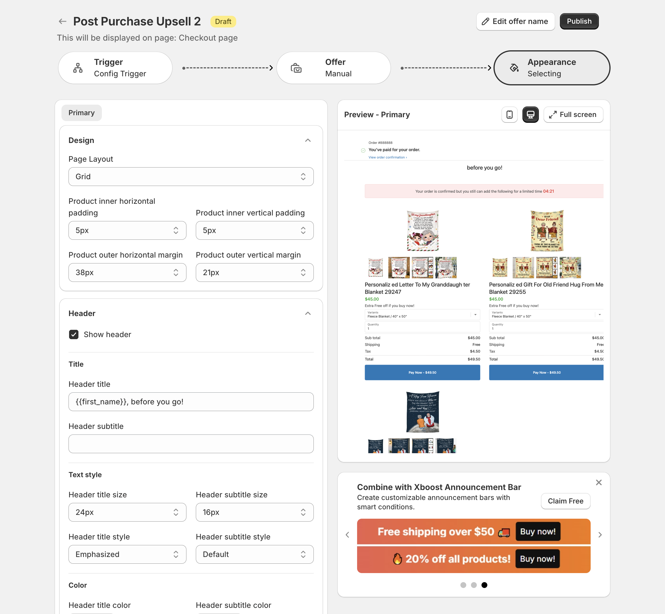Appearance step with Design and Header settings and the Preview - Primary panel