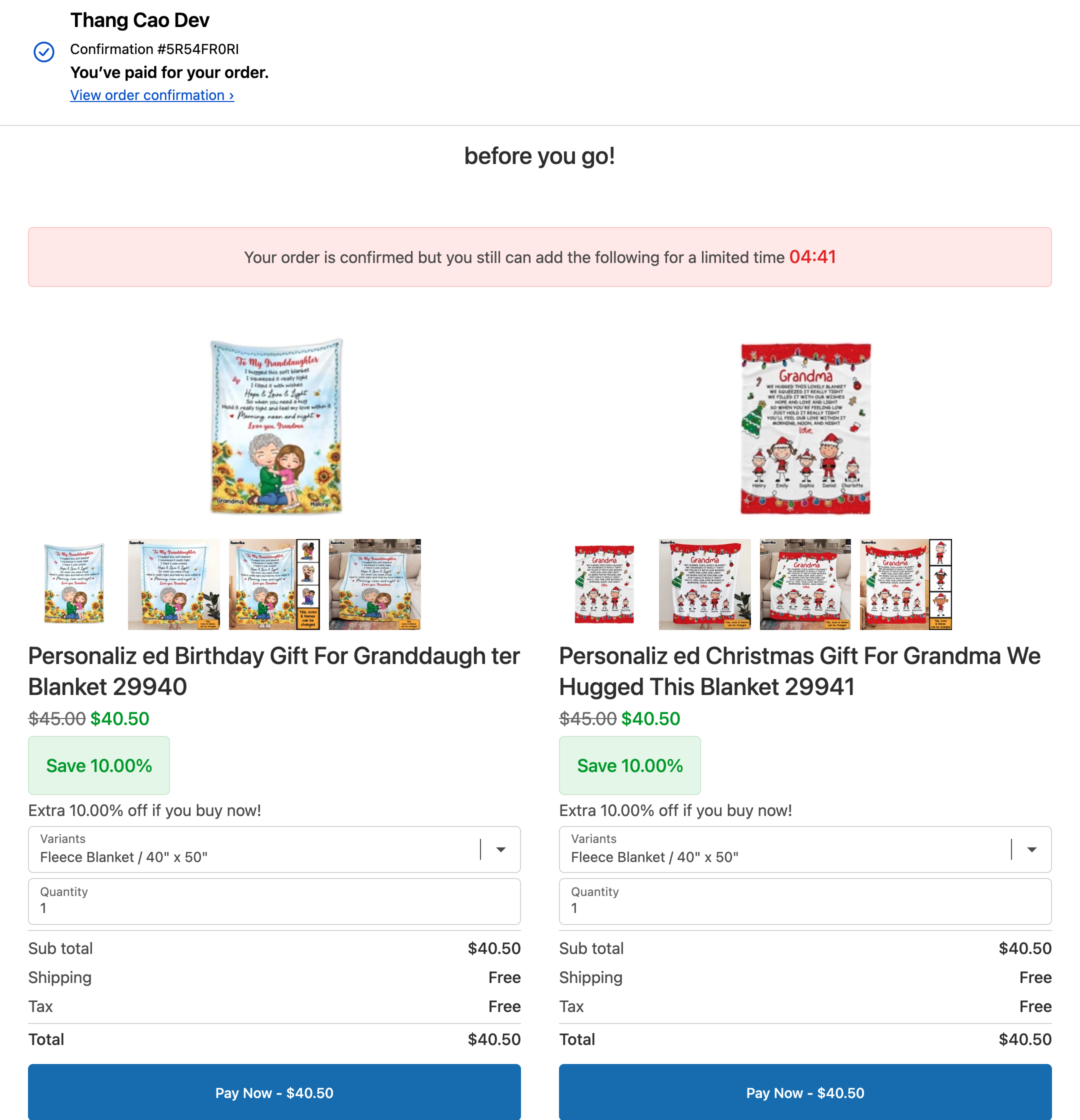 Post-purchase page after a test order with the banner, countdown and offer products with Pay Now buttons