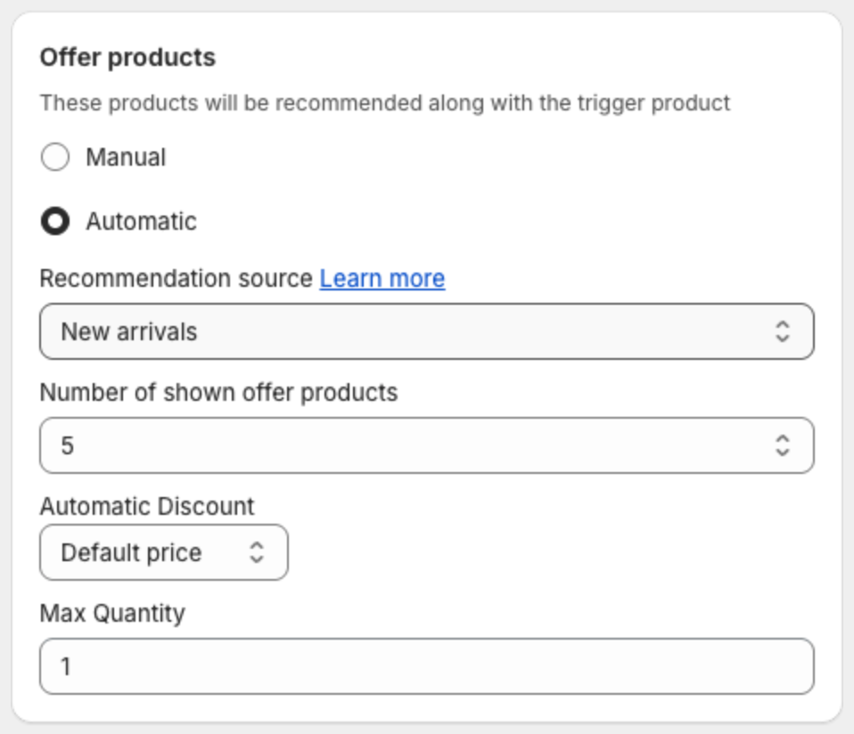 Offer products set to Automatic with Recommendation source, Number of shown offer products, Automatic Discount and Max Quantity