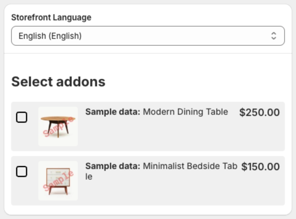 Preview of Select addons with two add-on products and checkboxes