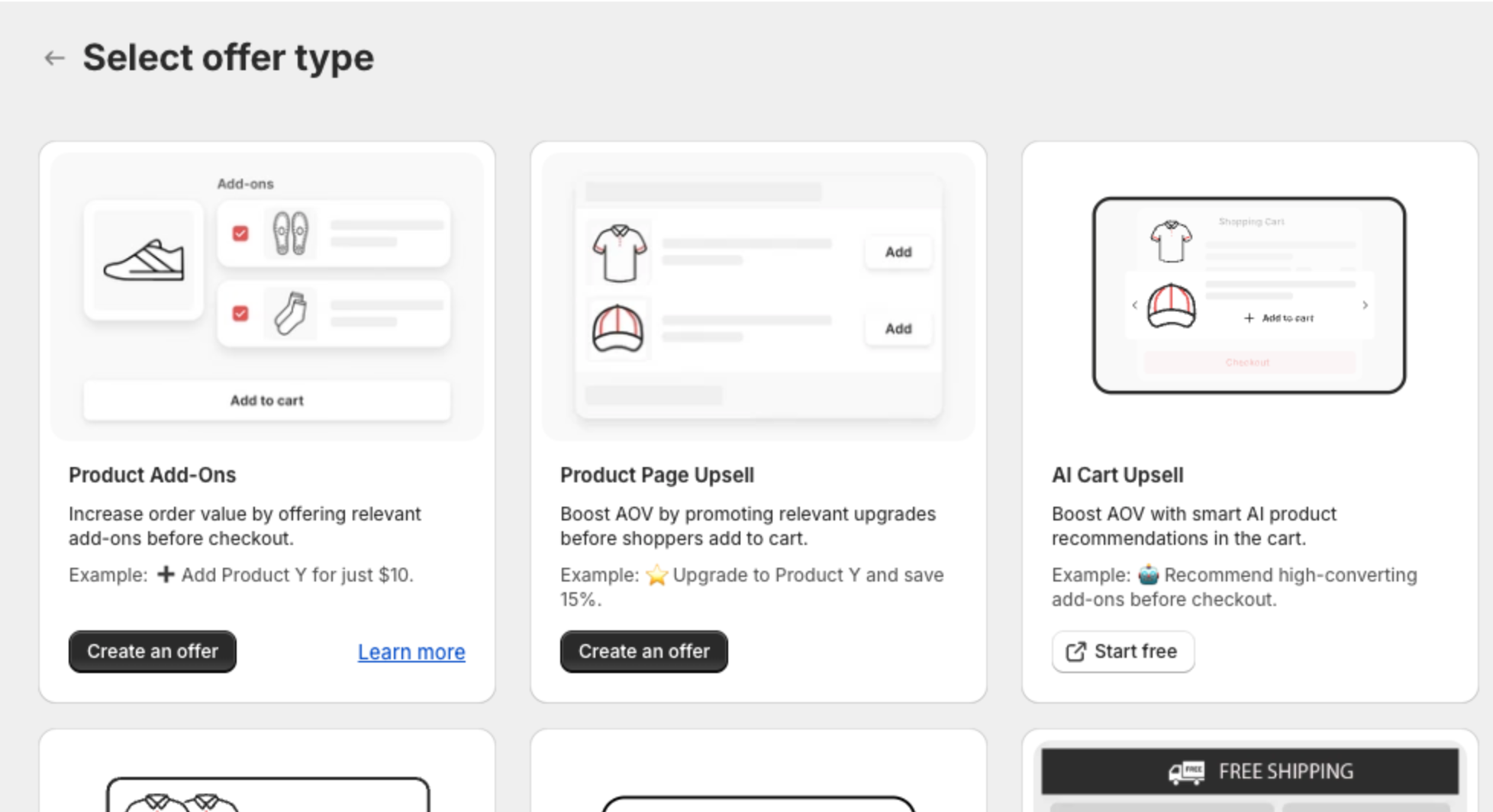 Select offer type page with the Product Add-Ons and Product Page Upsell cards