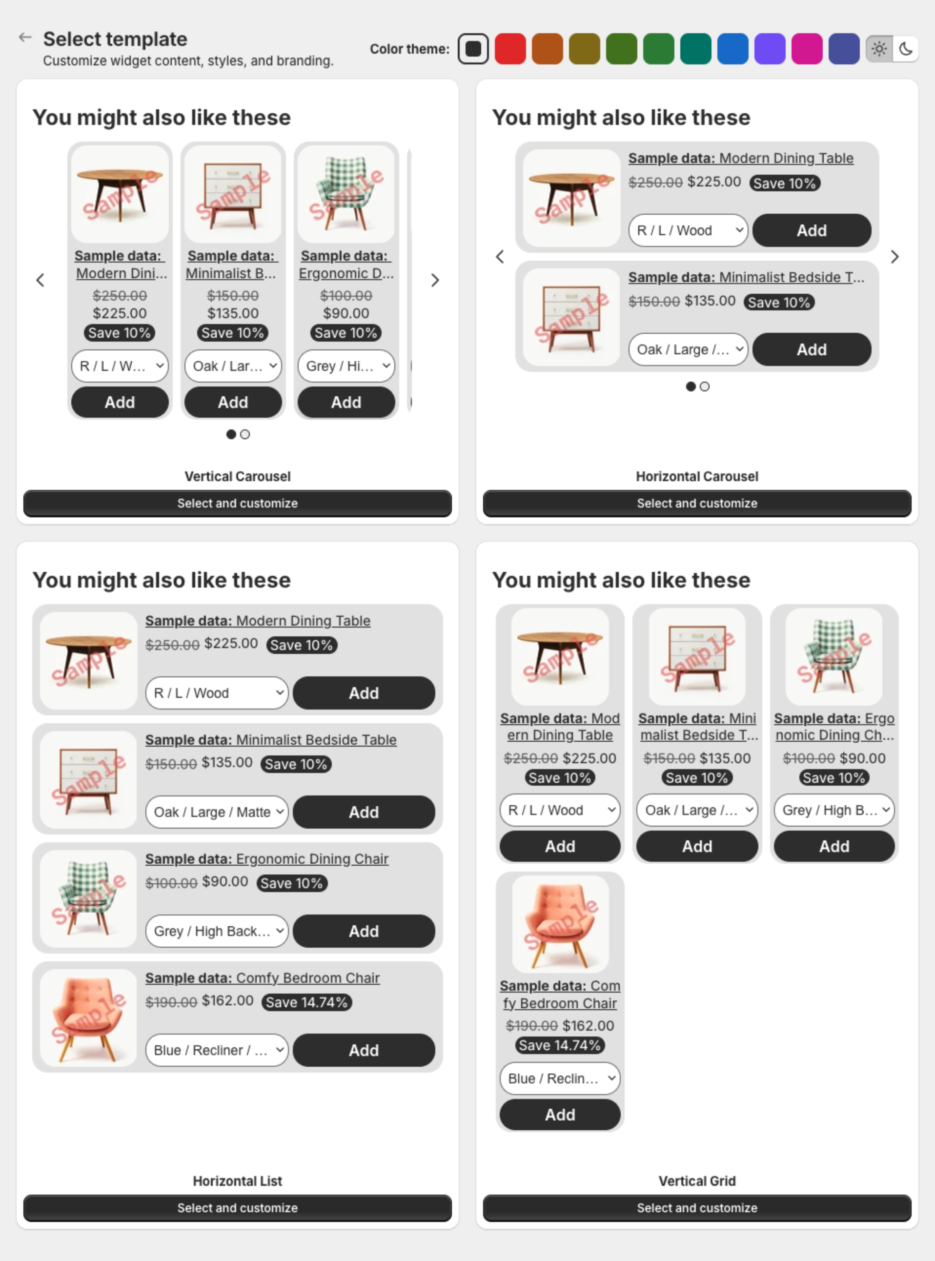 Select template page with the four product page upsell templates