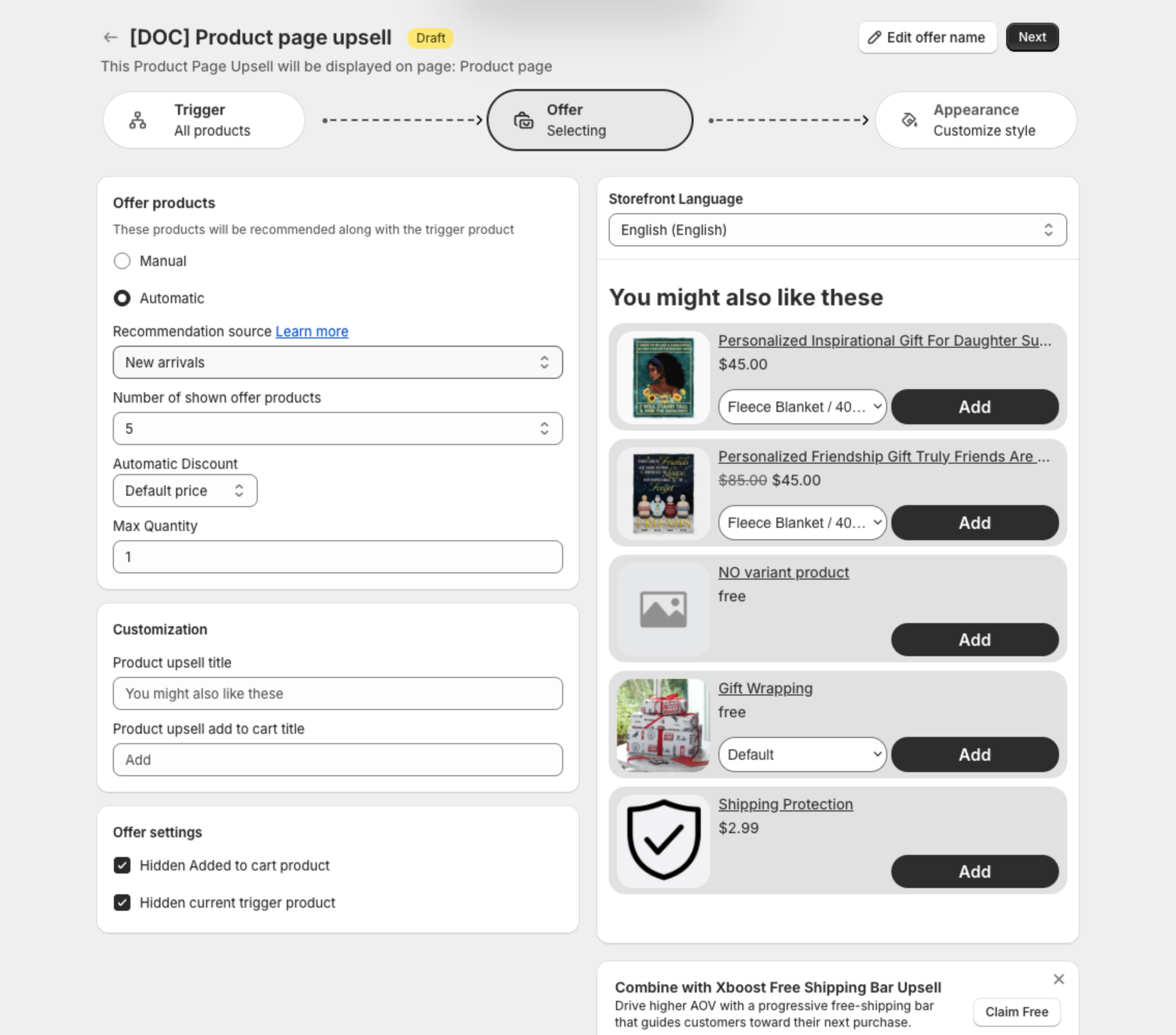 Offer step with Offer products, Customization and Offer settings