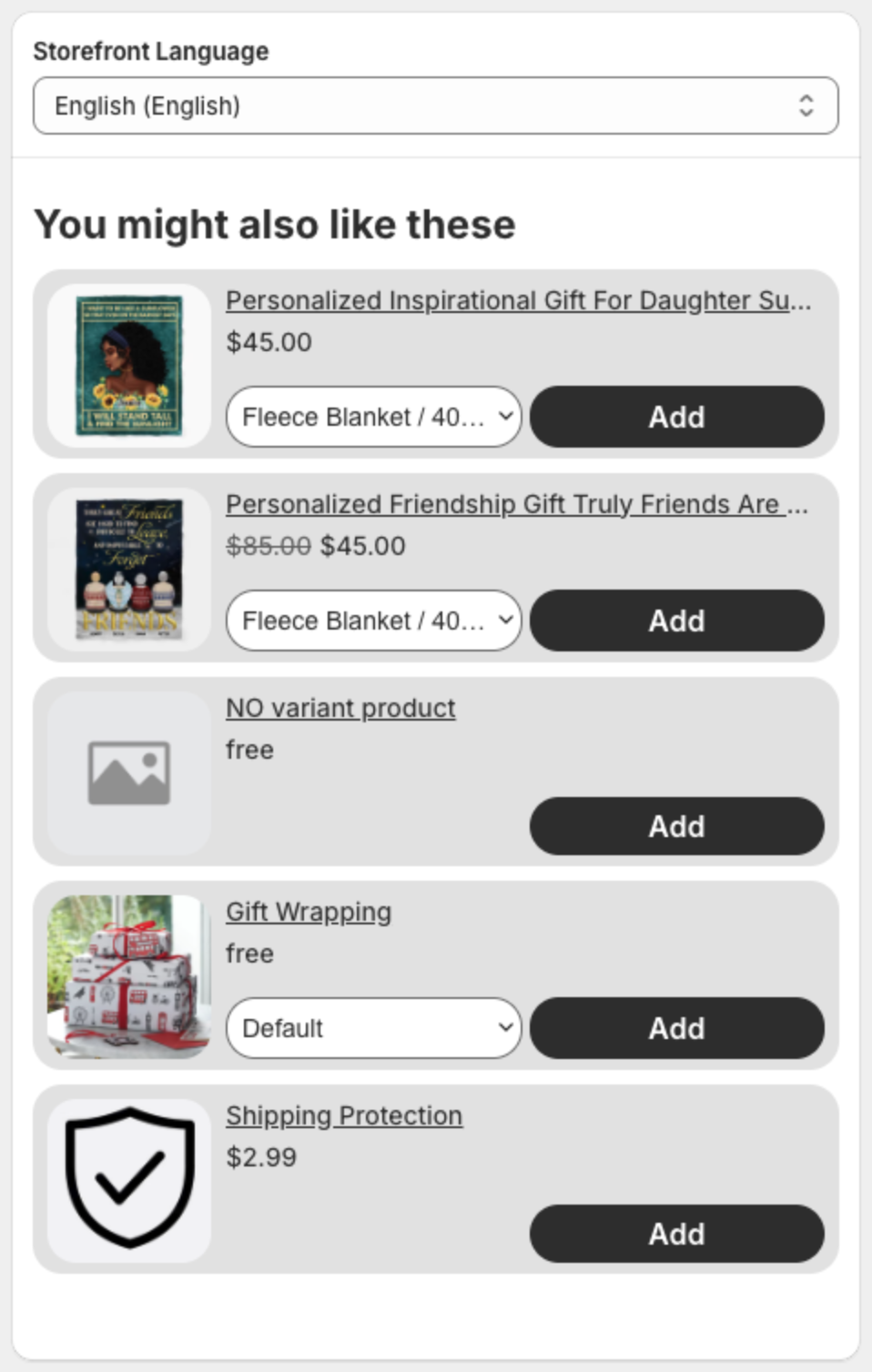 Preview of the You might also like these list with products and Add buttons