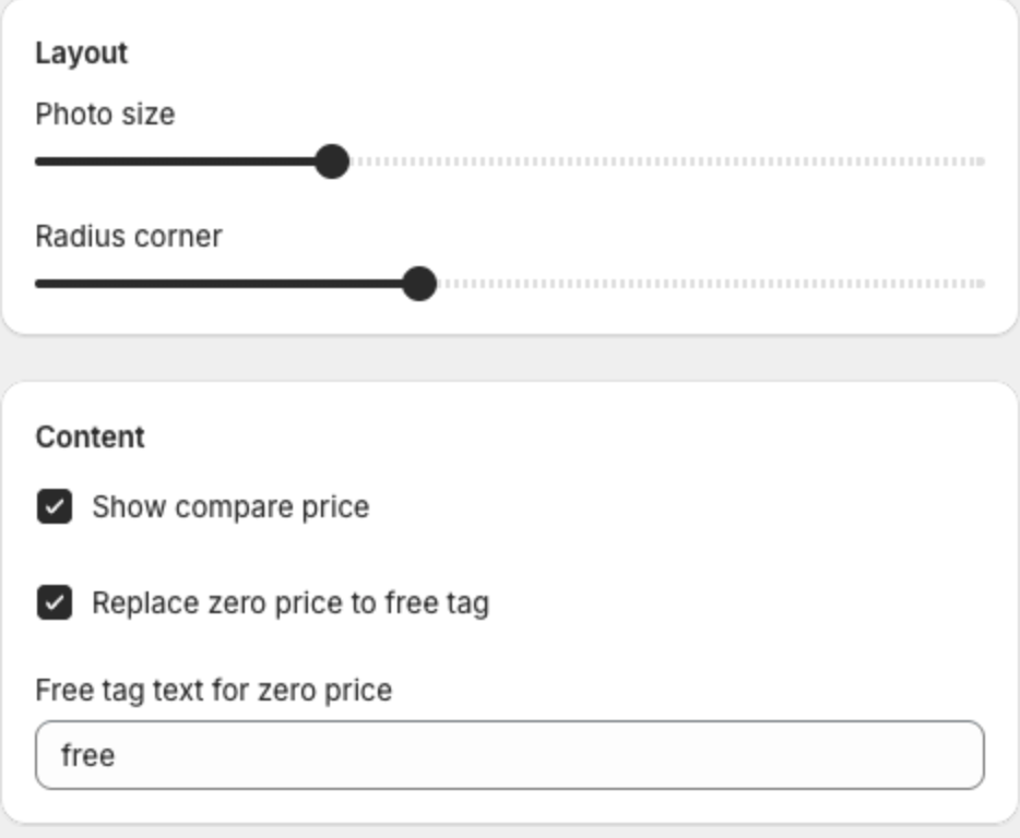 Layout with Photo size and Radius corner, and Content with Show compare price and the free tag options
