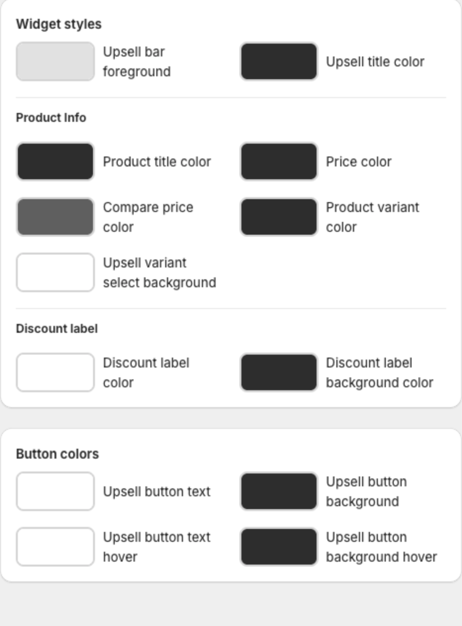 Widget styles with upsell, product info, discount label and button colors