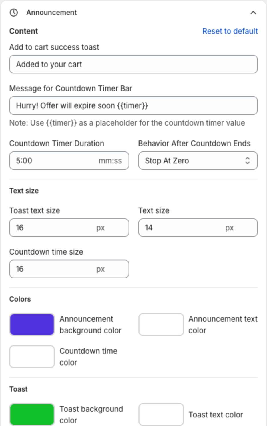Announcement section with Add to cart success toast, Message for Countdown Timer Bar, Countdown Timer Duration, Behavior After Countdown Ends, text sizes and colors