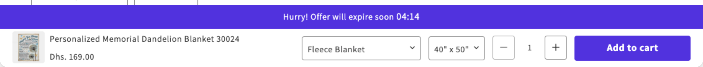 Sticky bar on a product page with the countdown message Hurry! Offer will expire soon 04:14 above it