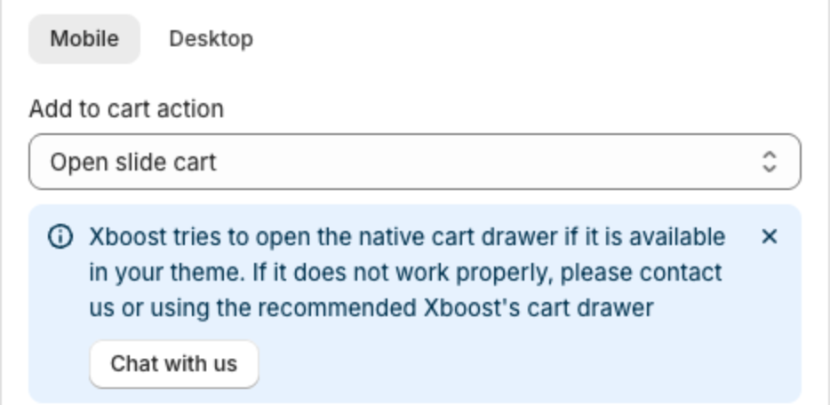Add to cart action set to Open slide cart, with the note that Xboost tries to open the native cart drawer