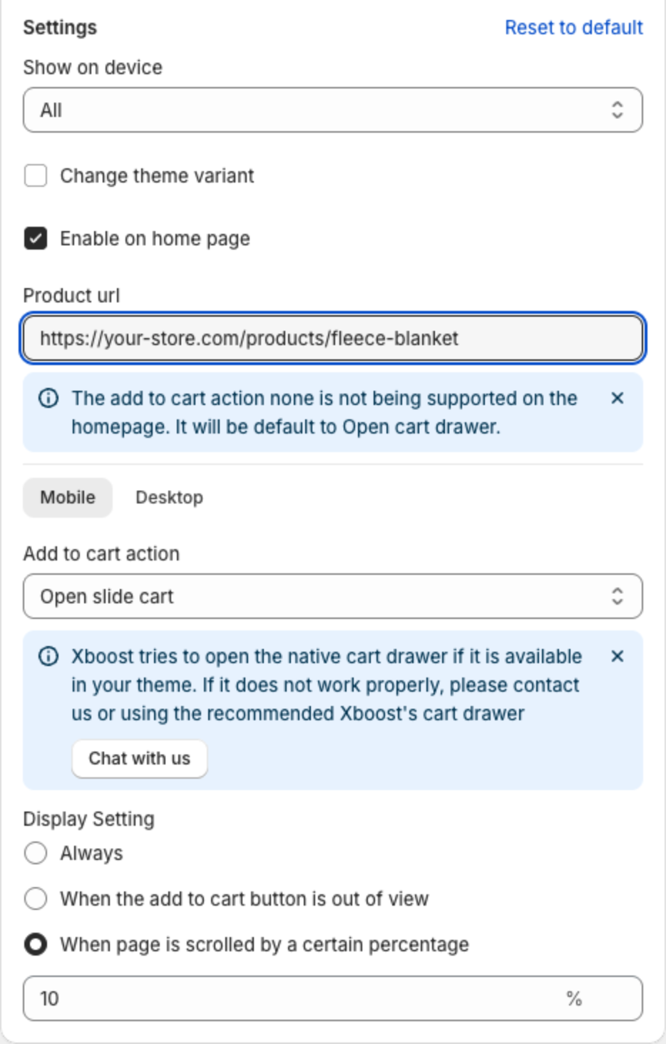 Settings section with Show on device, Change theme variant, Enable on home page with Product url, Add to cart action and Display Setting