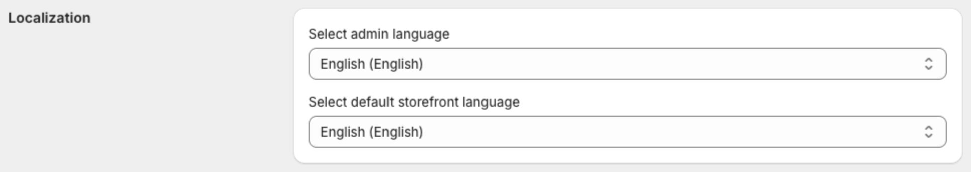 Localization settings with Select admin language and Select default storefront language