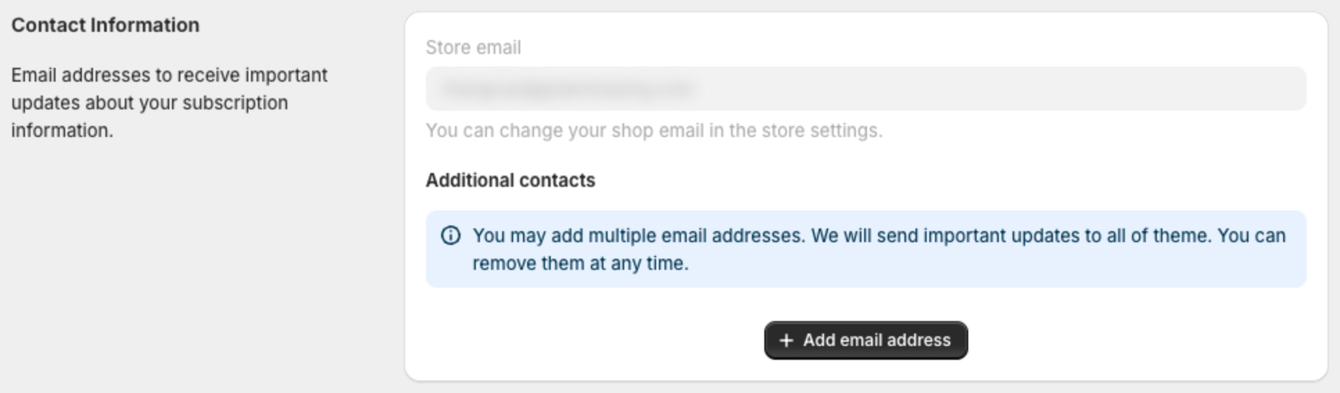 Contact Information with the store email and the Add email address button