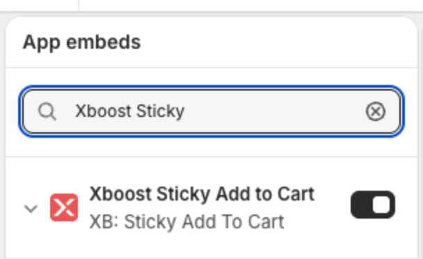 Theme editor App embeds panel with Xboost Sticky Add to Cart turned on