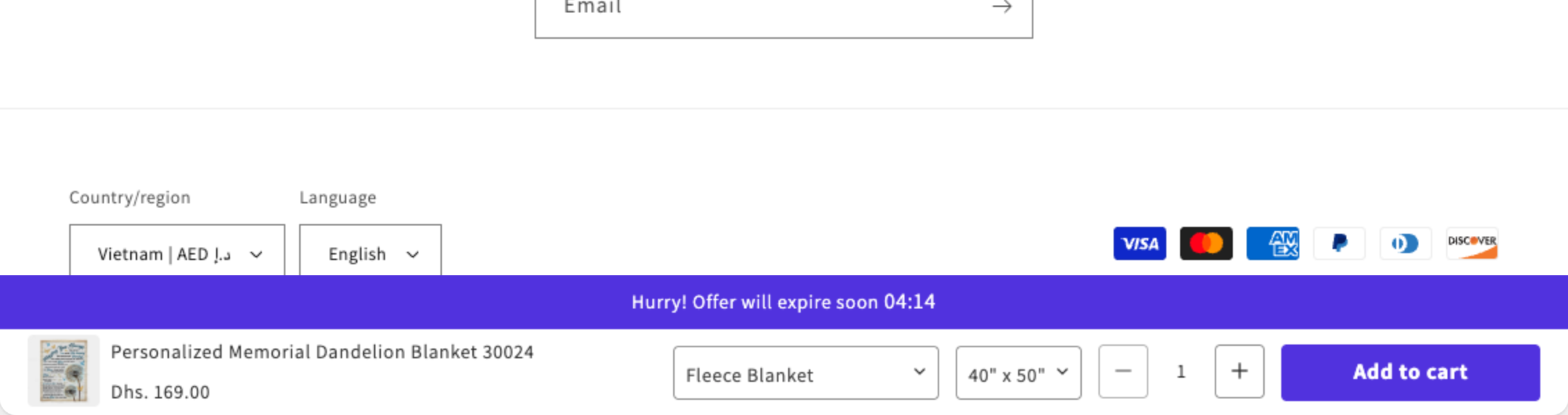 Product page with the sticky bar at the bottom: countdown message, product, variant selectors, quantity and Add to cart button