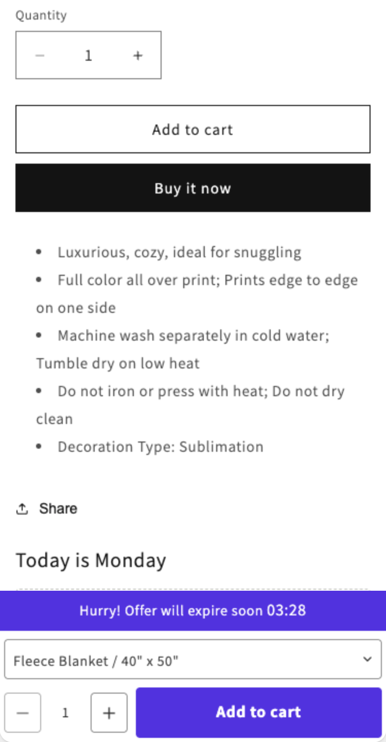 Mobile product page with the sticky bar: countdown message, one combined variant list, quantity and Add to cart button