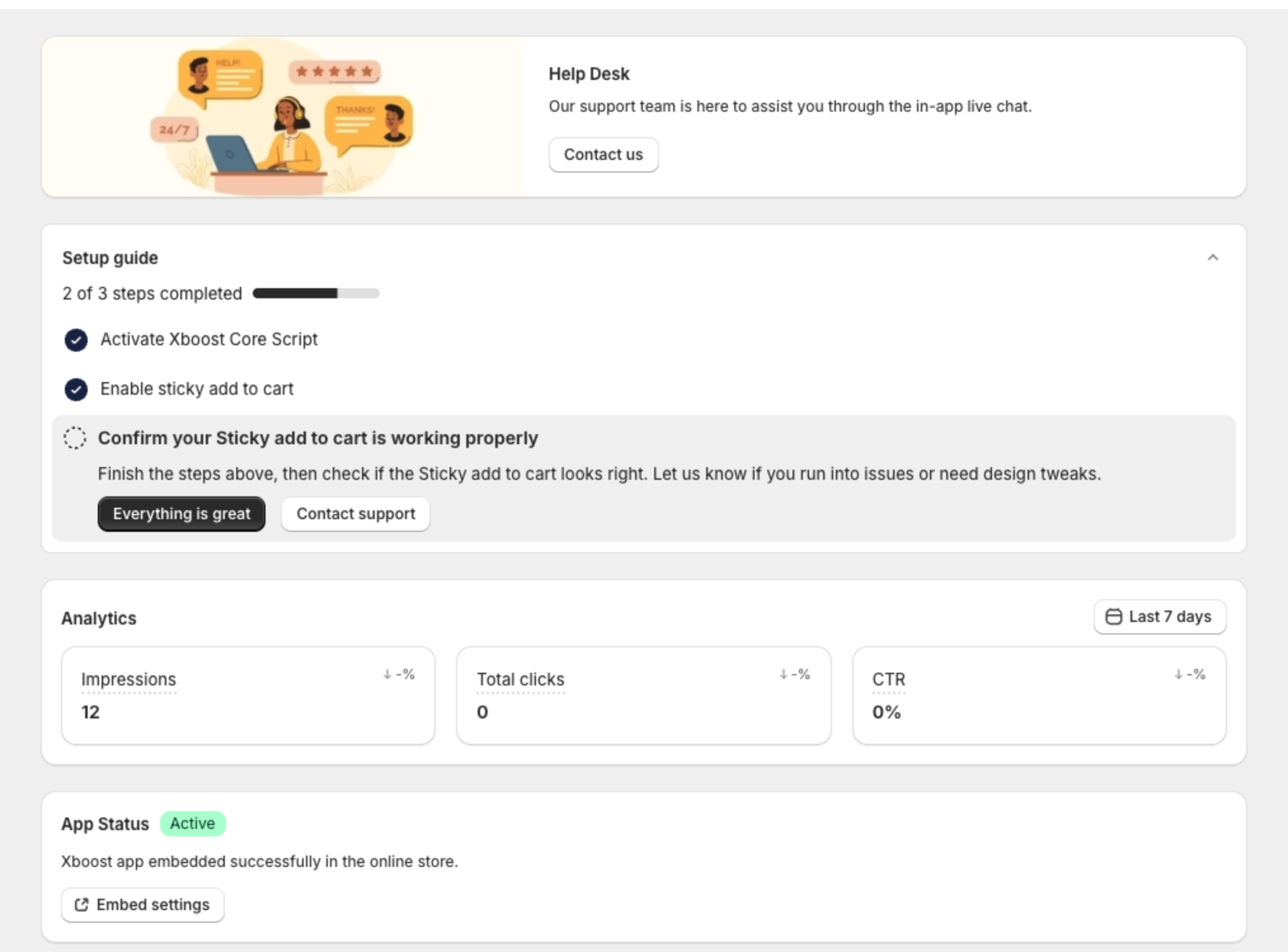 App dashboard with Help Desk, Setup guide, Analytics and App Status
