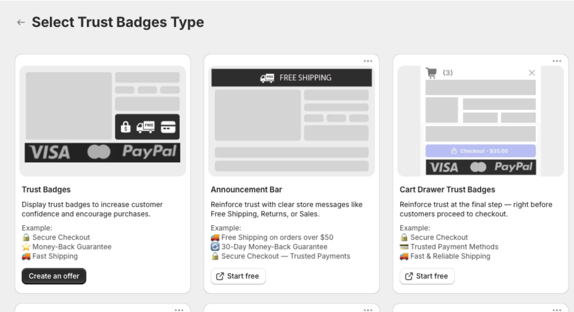 Select Trust Badges Type page with the Trust Badges card and its Create an offer button