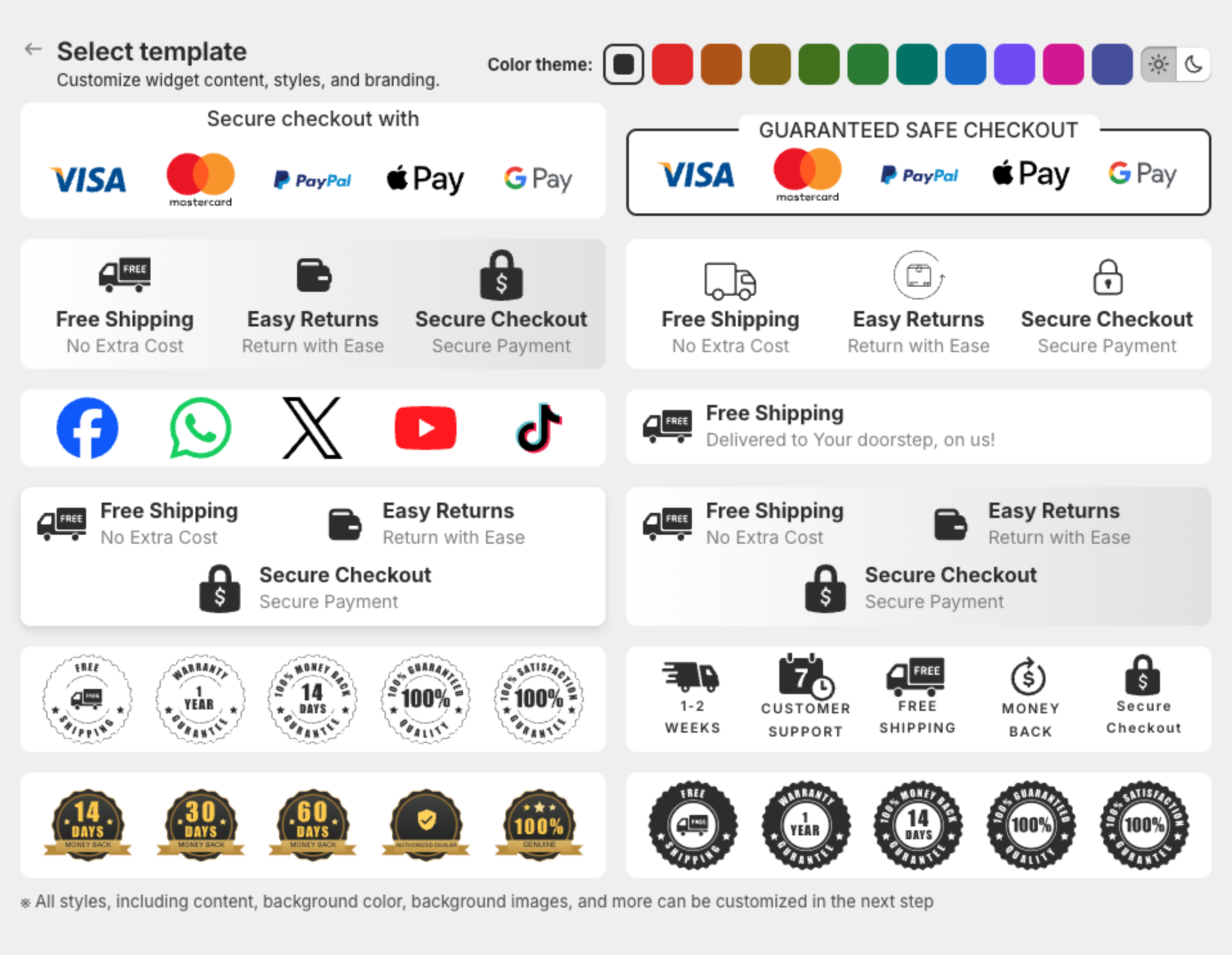 Select template page with twelve trust badge templates and the Color theme picker