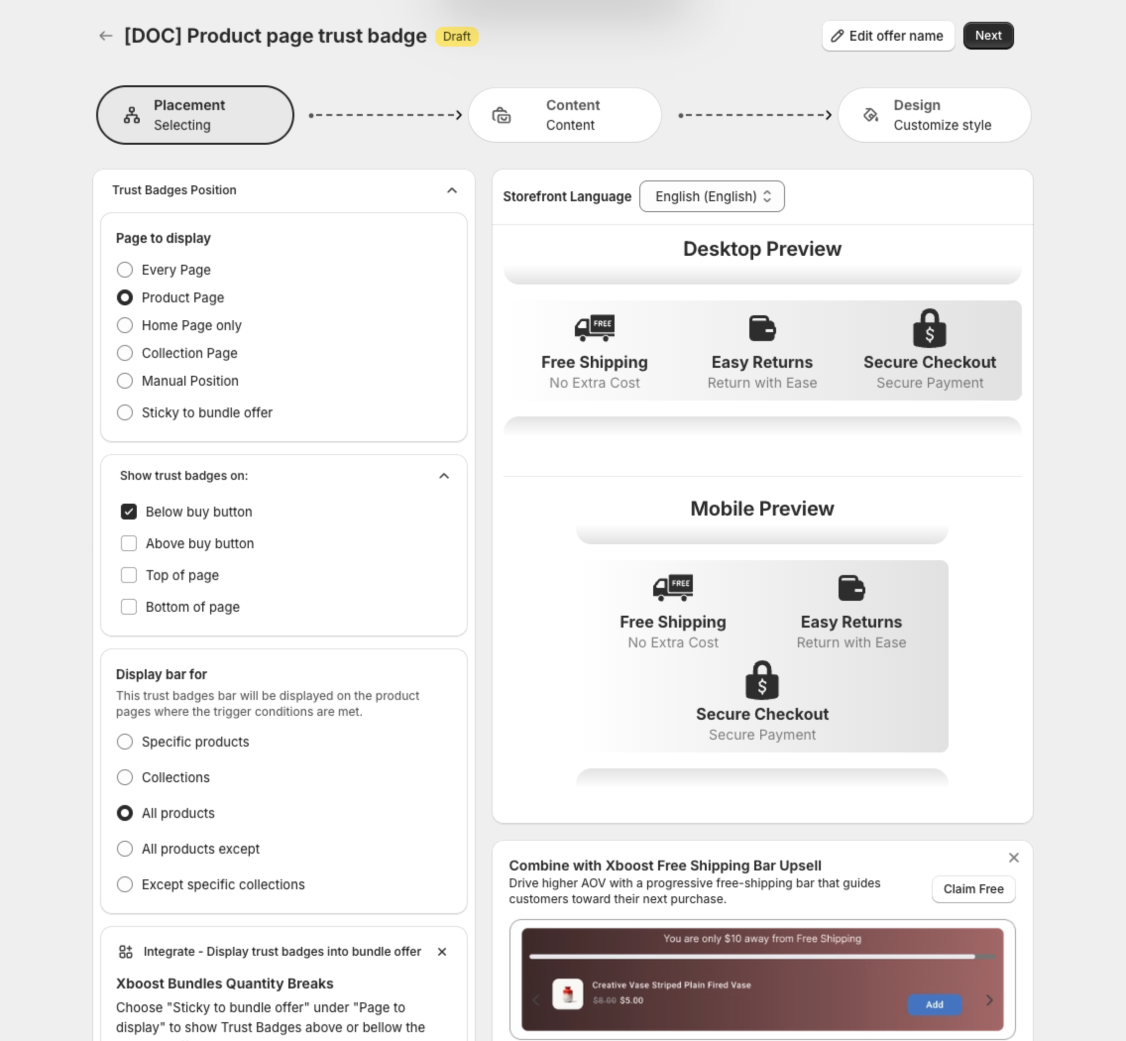 Editor on the Placement step with Product Page and Below buy button selected, and the live previews