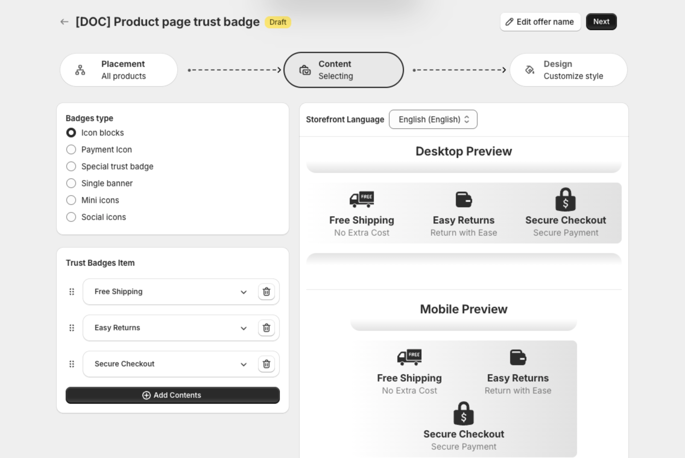 Content step with the badges type and the list of badges