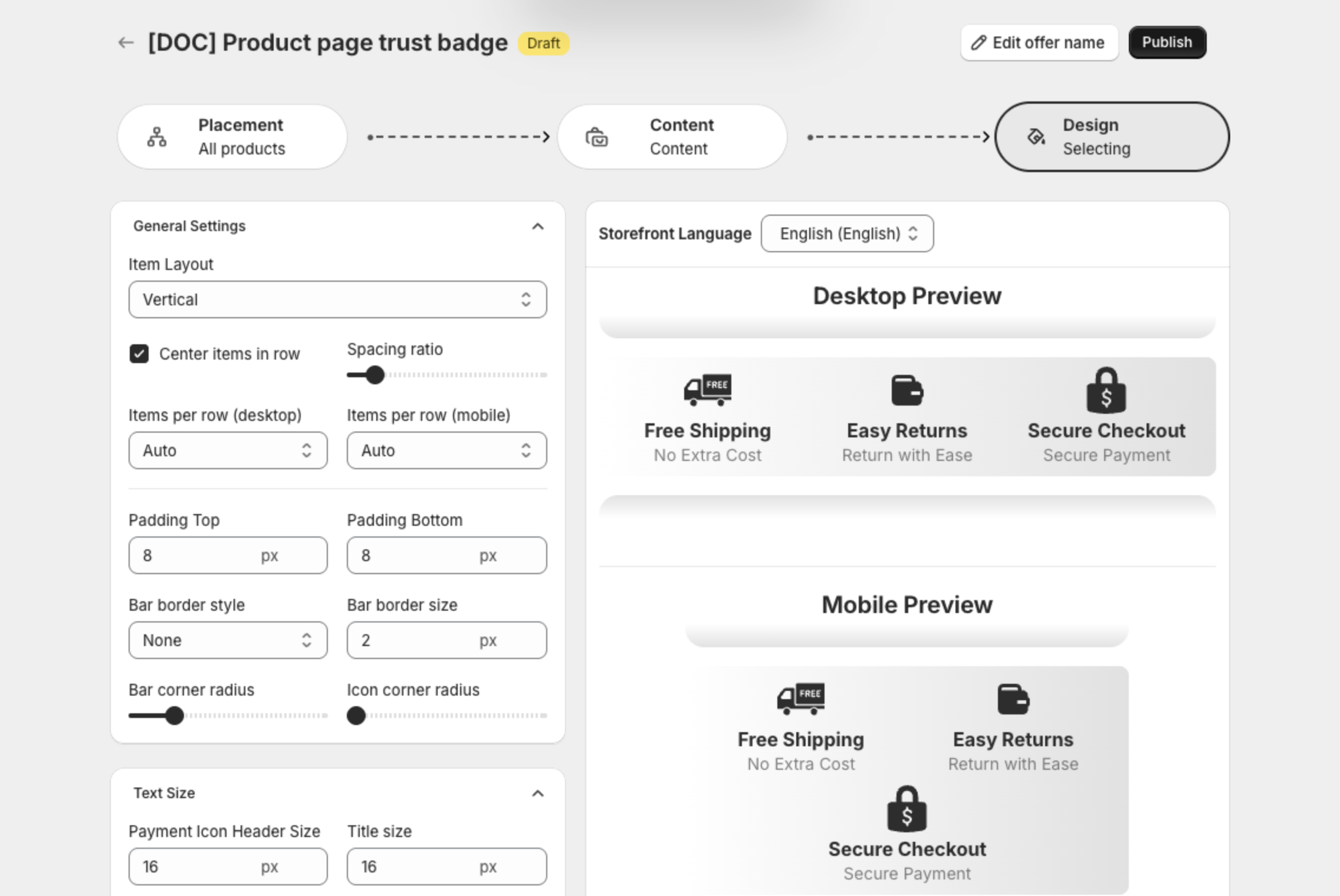 Design step with General Settings, Text Size and Background settings
